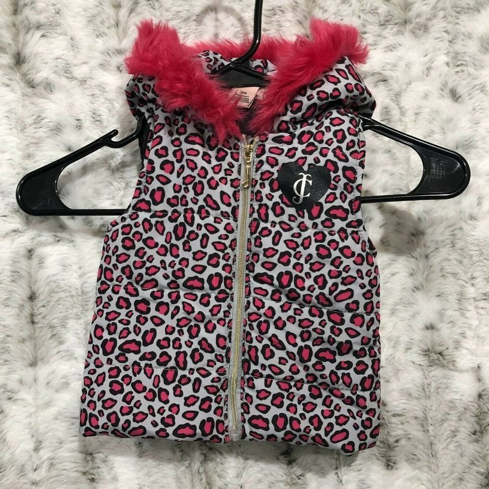 Juicy Couture Puff Vest Pink Leopard Faux Fur Trim Infant Girls Size 12 Months